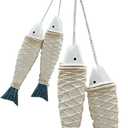 PWMENLK 4 Pcs Hand Carved Wooden Fish Home Wall Decor with Decorative Twine Rustic Coastal Art for Nautical Parties, Under The Sea Themes, Lake House Beach Themed Celebrations