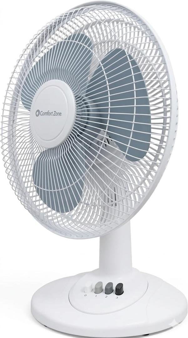 Comfort Zone 12 inch Table Fan with Adjustable Tilt, Wide Area Oscillation, Quiet Air Circulator Fan For Bedroom, 3 Speed Desktop Fan for Home Office, Push Button Controls, White