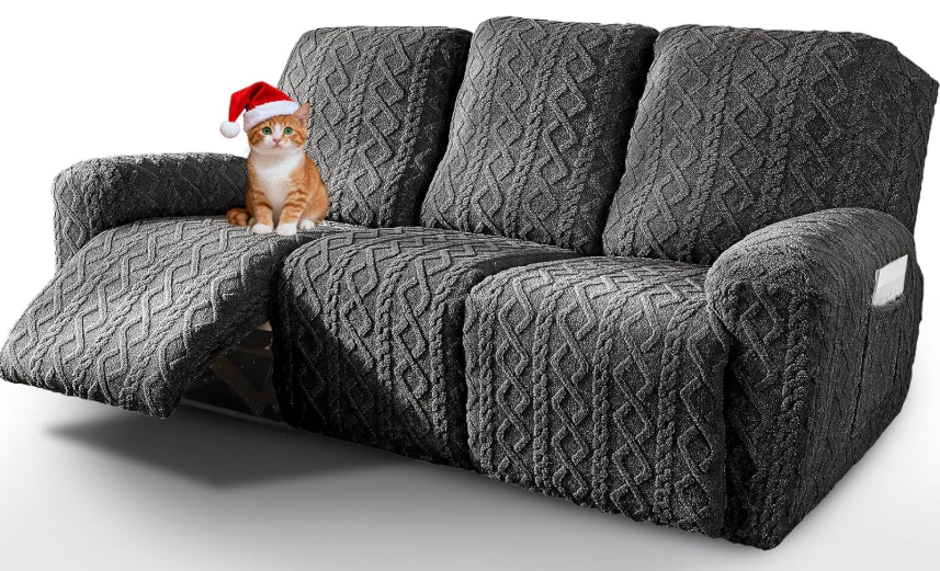 vctops 8 Pieces Geometric Jacquard Plush Recliner Sofa Covers Soft Fuzzy Fluffy 3 Seats Couch Cover Anti-Slip Sofa Slipcover Furniture Protector with Elastic Bottom for Kids Pet(Dark Grey,3 Seat)