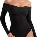 PINKMSTYLE Sexy Mesh Off The Shoulder Bodysuits For Women Double Lined Long Sleeve Bodysuit Going Out Tops (Black, L)