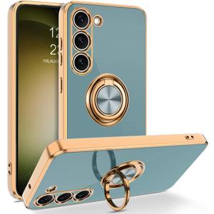BENTOBEN for Samsung Galaxy S23 Case, 360° Ring Holder Kickstand Support Car Mount Elegant Plating Edge Slim Shockproof Soft TPU Protective Phone Cover for Samsung Galaxy S23 6.1" 2023, Gary Green