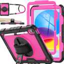 SEYMAC stock Case for iPad (A16) 11th/10th Generation 11''/10.9'' 2025/2022, Full-Body Drop Protection Case with Screen Protector &360 Rotate Hand Strap/Stand, Pink+Black