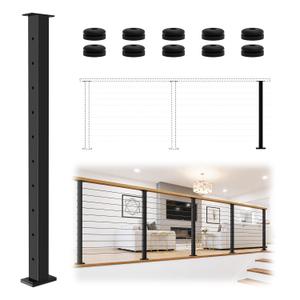36" T304 Cable Railing Post(Post 35"x2"x2"), Level Drilled Railing Post with Cable Grommets, Modular Fixed Top Mount Cable Handrail Post, Stainless Steel Black Finish Indoor Outdoor Deck Post