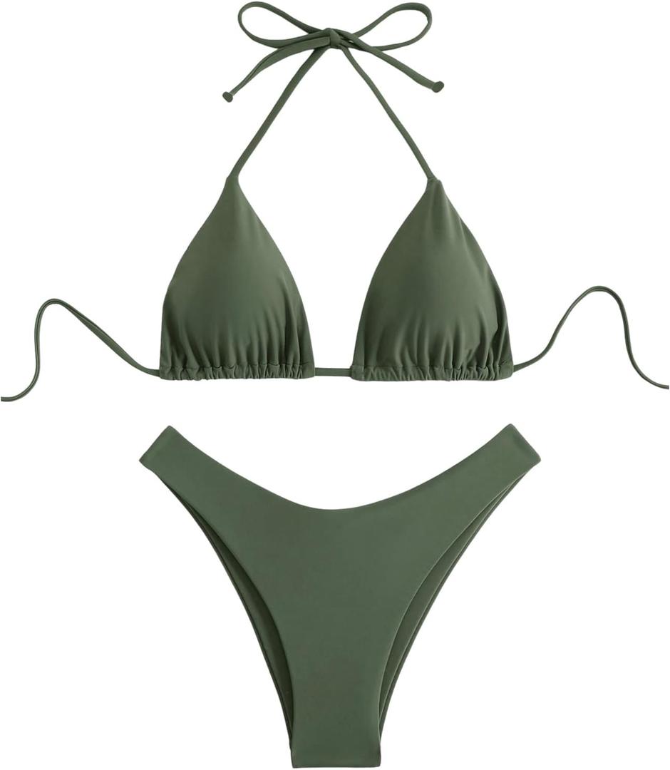GORGLITTER Women's High Waisted Thong Bikini Set Halter Triangle Tie Back Swimsuit Bathing Suit (Army Green)