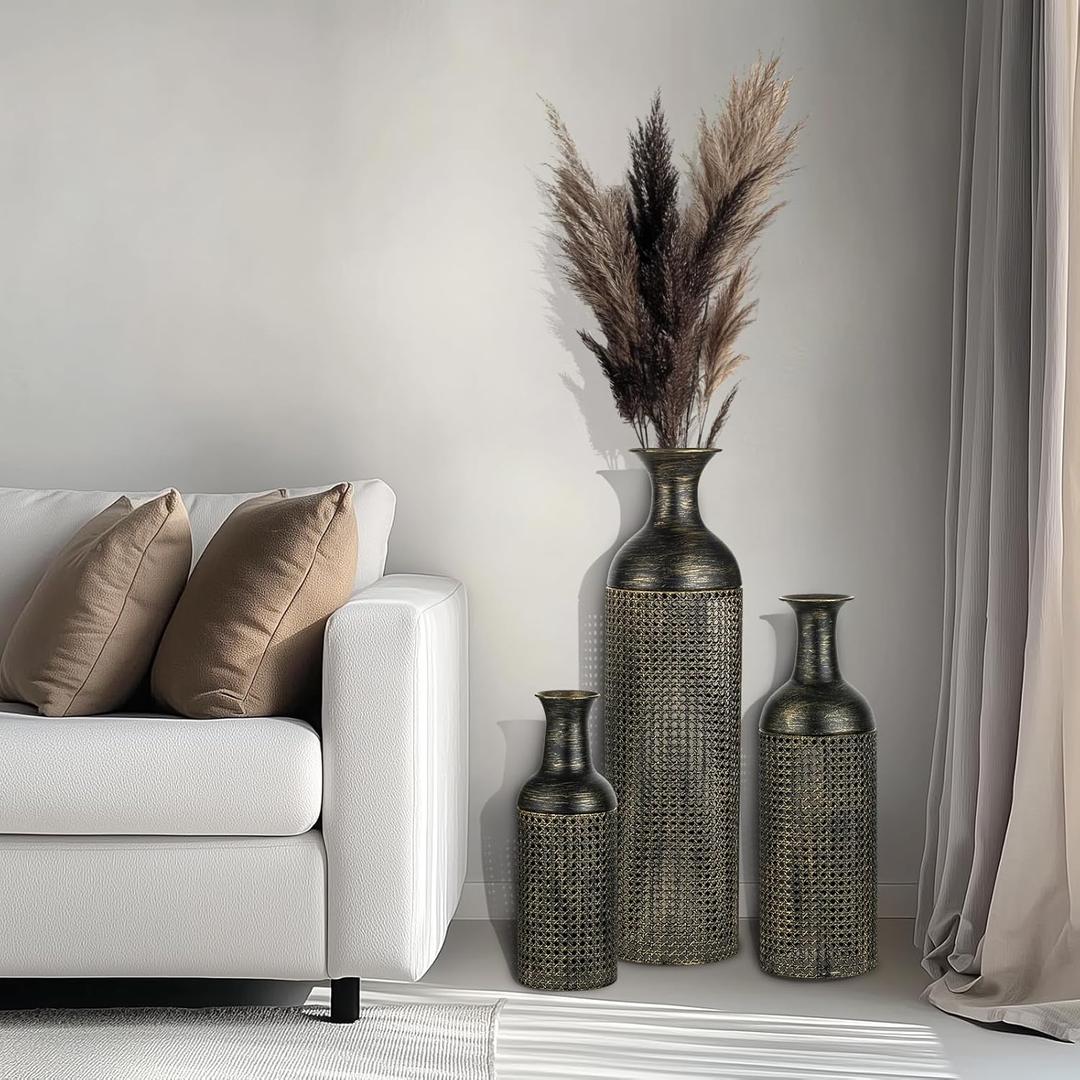 Sziqiqi Tall Vases Floor Standing: Extra Large Floor Vases for Living Room 27/20/16in - Metal Tall Floor Vase for Pampas Grass - Modern Giant Floor Standing Vase for Bedroom Office Corner (Black and Gold)