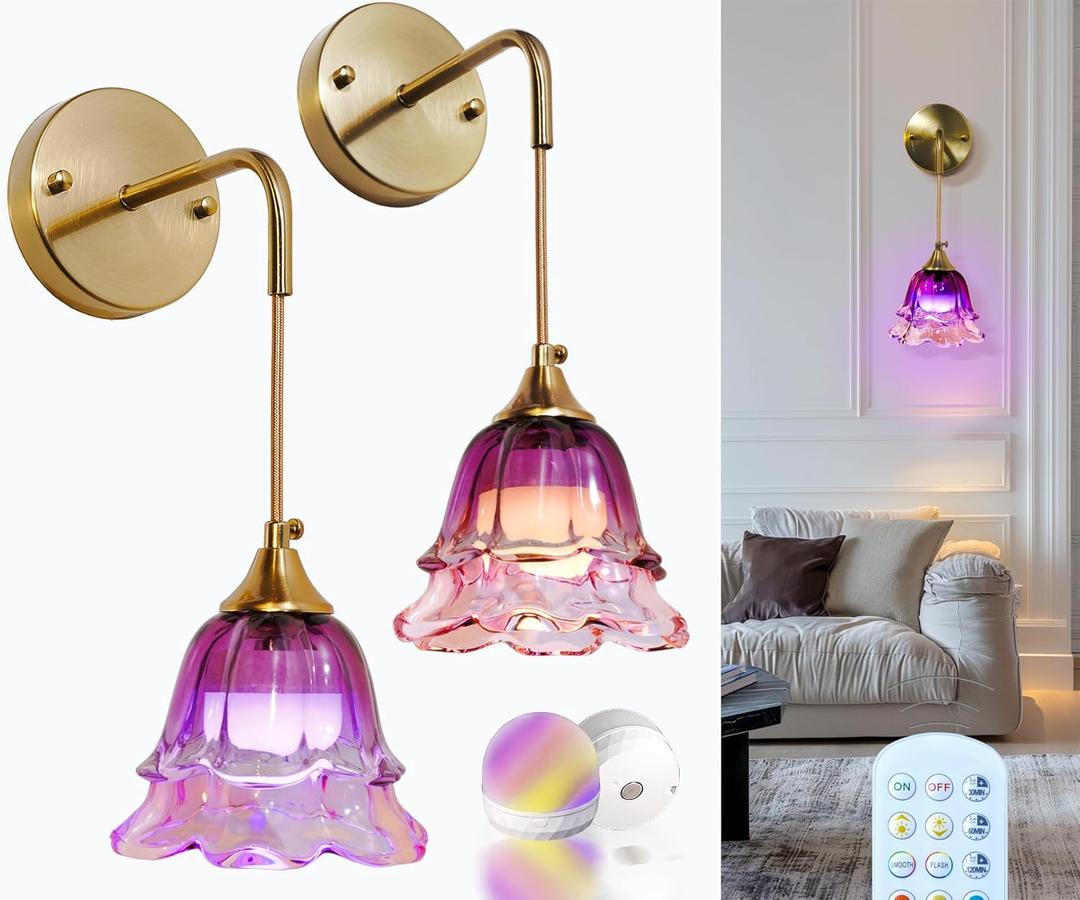 Vintage Battery Operated Wall Sconce with Purple Flower Lampshade Set of 2,Rechargeable Wall Sconce Lights with Remote Control RGB Dimmable Wireless Wall Lamp for Home Decor, Housewarming Gifts