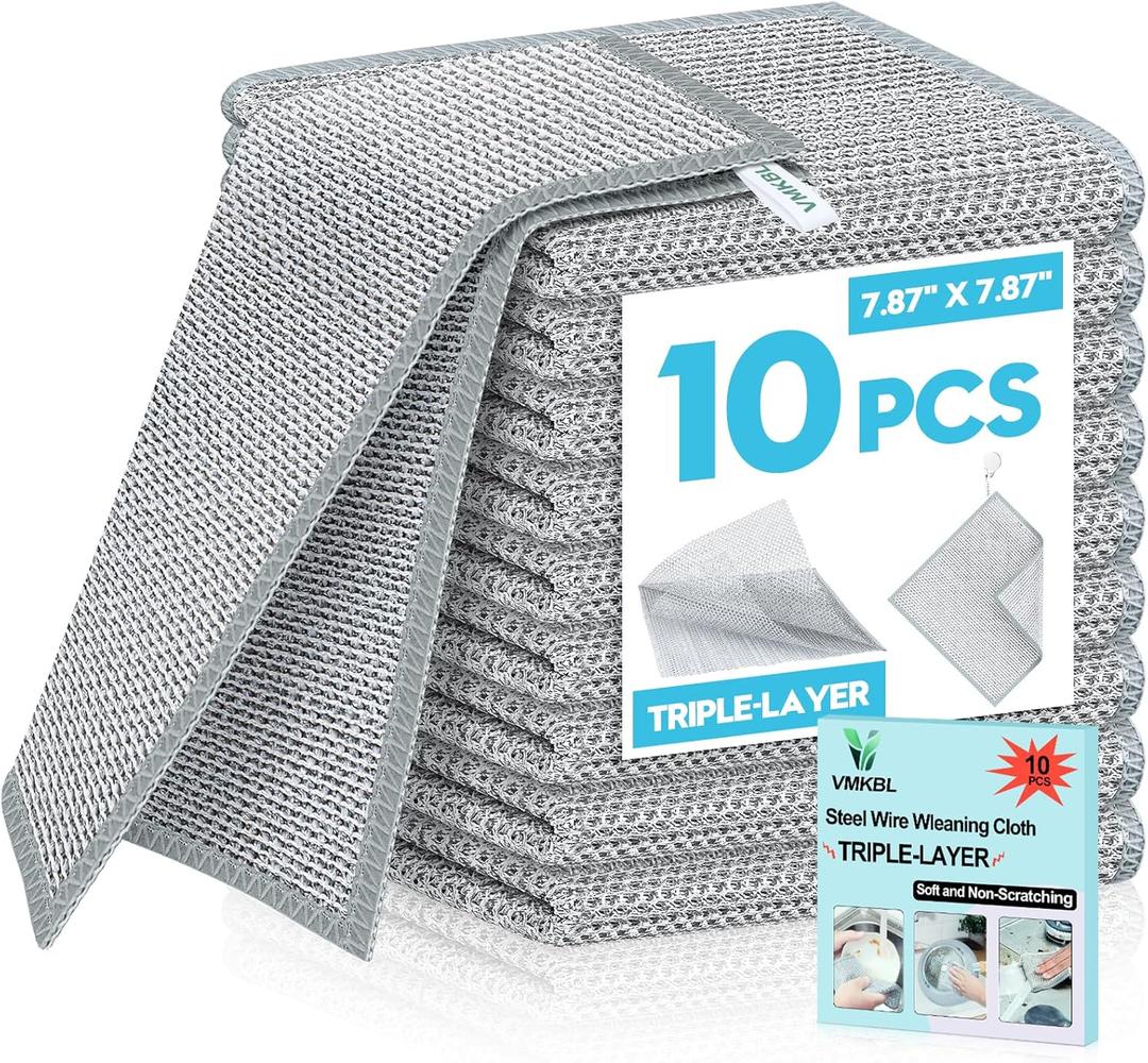 10 Pcs New Upgraded 3 Layers Non Scratch Wire Dishcloth, Multipurpose Wire Dishwashing Rags, Wet & Dry for Cookware, Sinks, Dishes, Stoves & Fireplaces (7.87 x 7.87-10pcs)