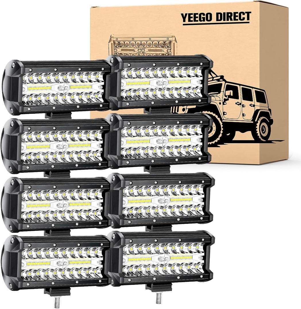 YEEGO DIRECT 7 Inch Led Light Bars, 480W 48000lm Off Road Lights Spot Flood Beam,Waterproof LED Tractor Lights Fog Work Lights for Truck UTV ATV SUV Tractor Boat (8 Pcs)