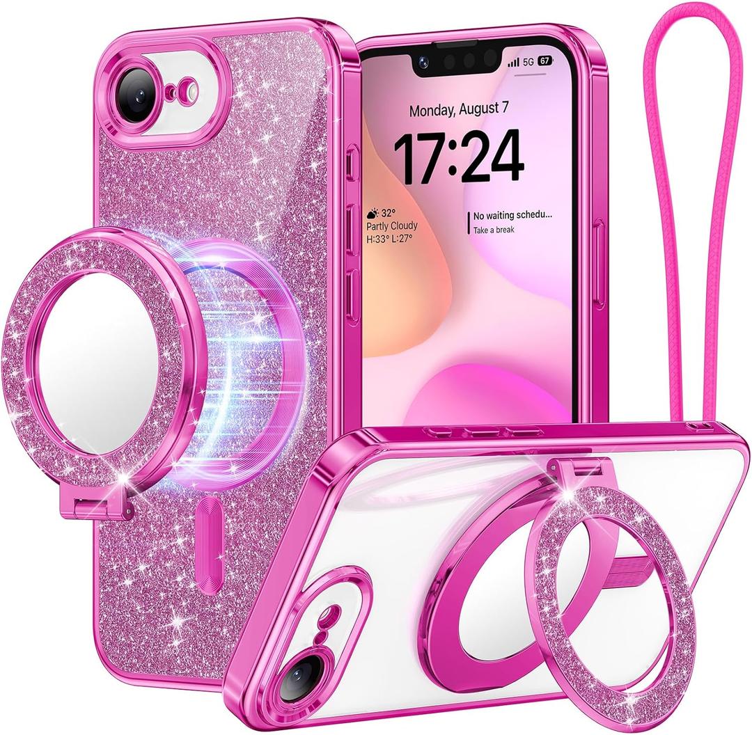 Meifgino Magnetic Case with Removable Phone Ring Stand for iPhone 16E 6.1, [Glitter Card & Wrist Strap] [MagSafe Compatible] [Built in Mirror] Phone Ring Stand + Phone Case Kit, Hot Pink
