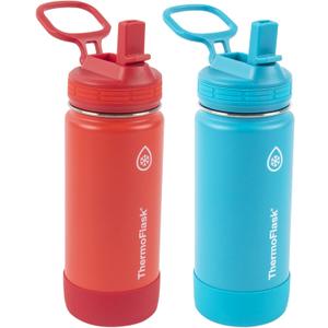 ThermoFlask Kids Bottle with Straw Lid - Durable & Dishwasher-Safe Water Bottles & Lids - Leak-Proof Bottle Lid Design - Reusable Water Bottles for Everyday Use - 16 oz, Red/Blue (2 Pack)