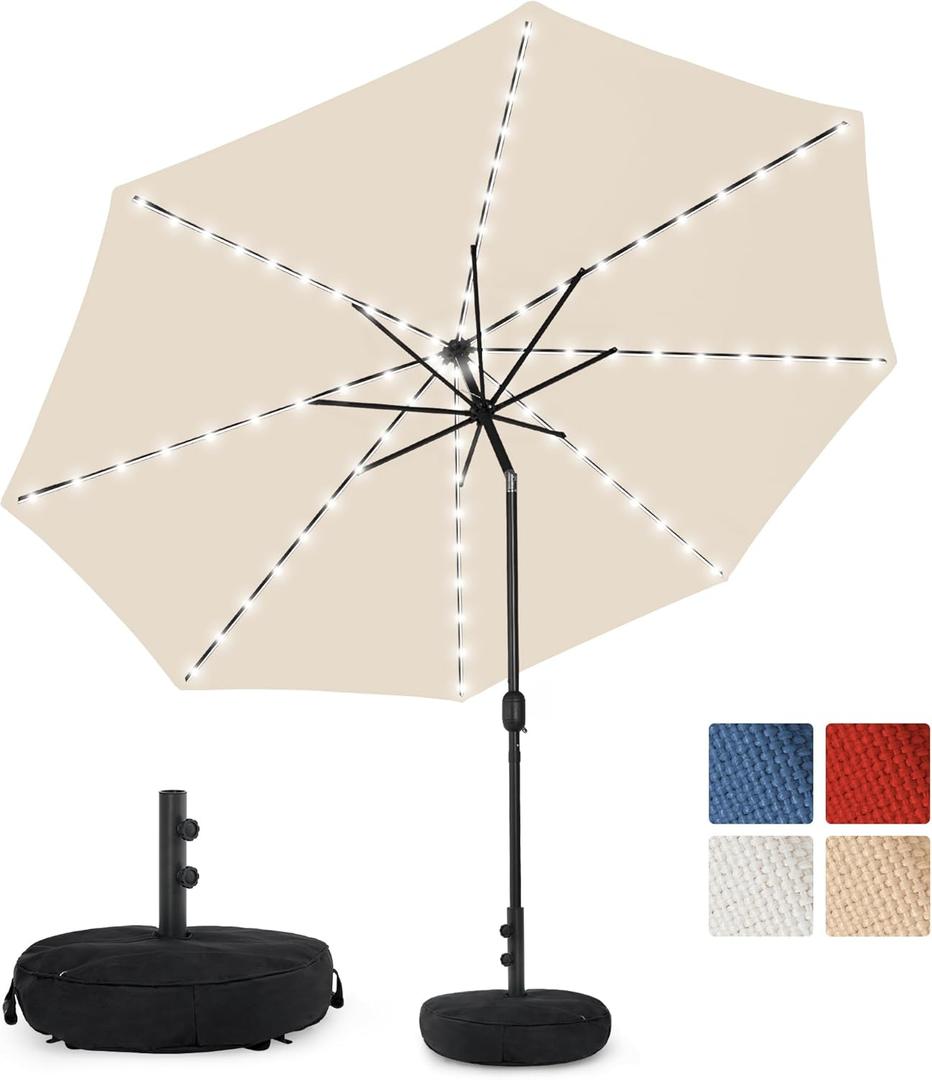 Sundale Outdoor Olefin 5-Year-Non-Fading Solar 80 LED 9 FT Solar Patio Umbrella with Sand Bag Base, Outdoor Umbrella with Tilt and Crank, Beige