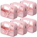 Reginary 6 Pcs Large Clear Makeup Bags, Toiletry Organizer with Zipper and Handle Strap, Portable Cosmetic Bag Waterproof Transparent for Travel Vacation, 11.8 x 8.3 x 3.9 Inch(Pink)