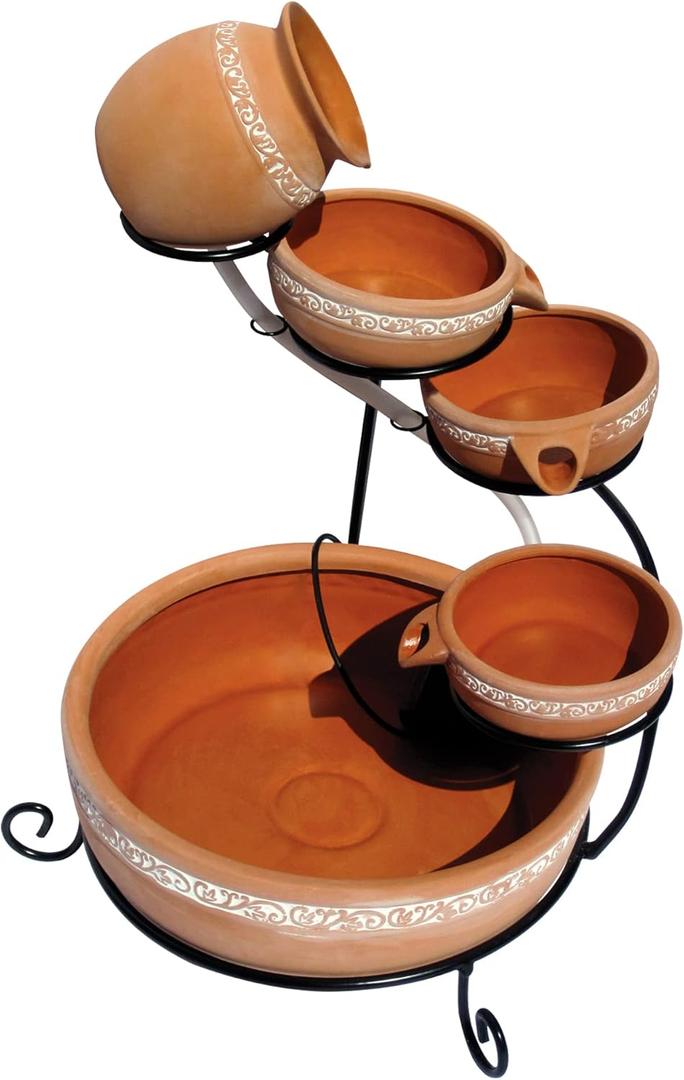 Koolscapes Solar-Powered 5-Tier Cascading Fountain, Terracotta Clay Pots, Self-Contained Water Feature, Low-Maintenance Outdoor Fountain for Deck Porch Balcony Garden Yard Pool Patio