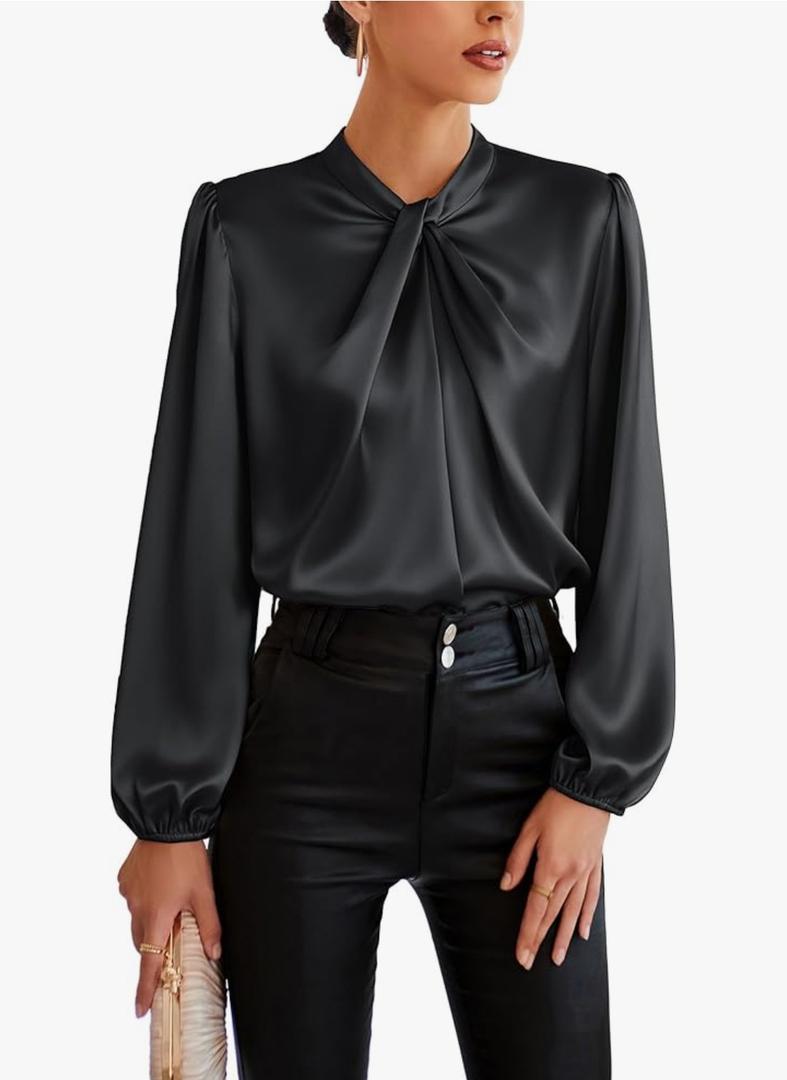 GRACE KARIN Women's Long Sleeve Satin Blouse,Mock Neck Work Silk Shirts,Dressy Tops for Business Casual Office Black M