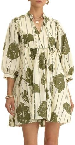 EZAPINE Women Floral Babydoll Mini Dress V Neck 3/4 Puff Sleeves A Line Flowy Swing Summer Sun Dresses L