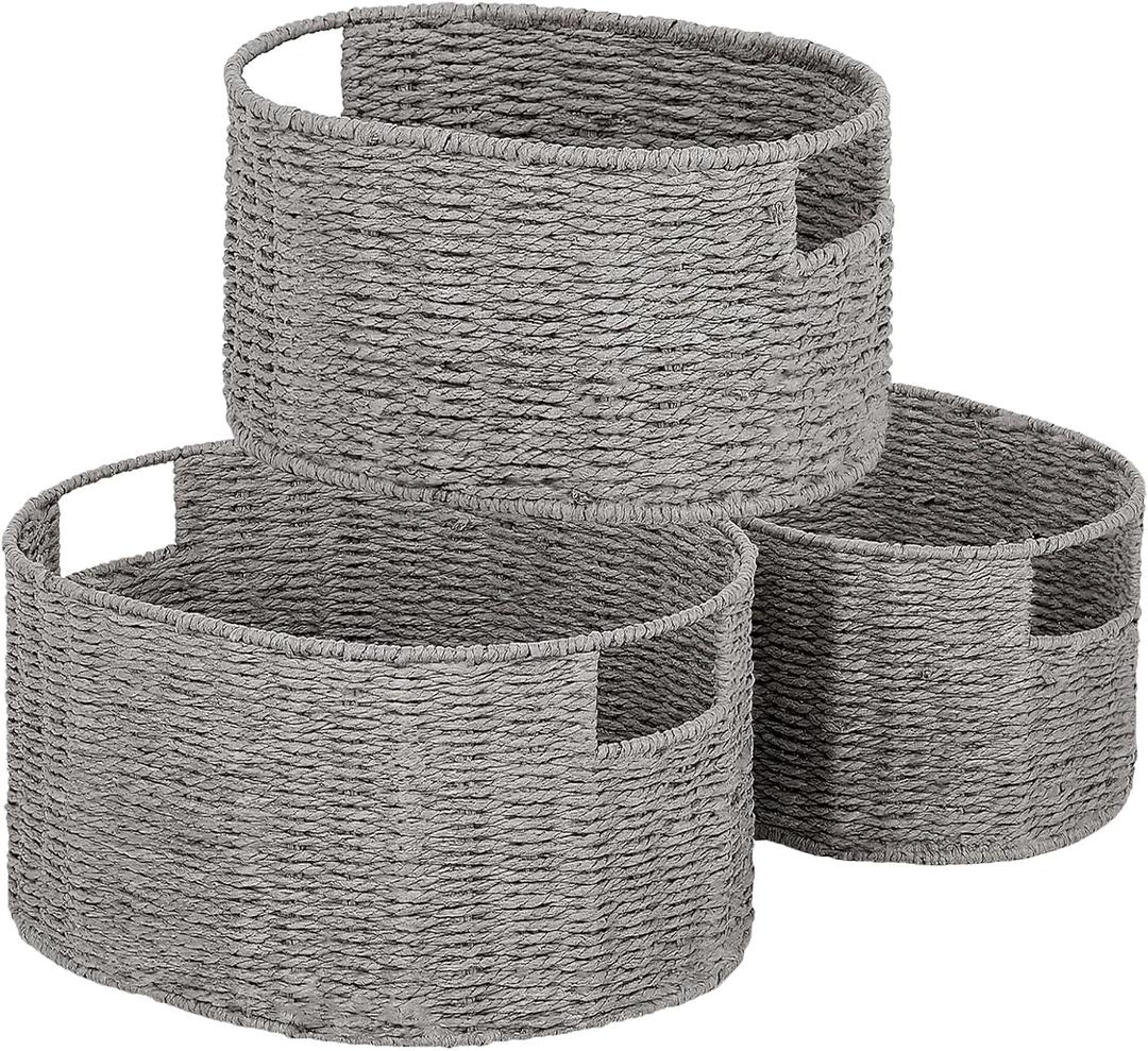 Vagusicc Wicker Storage Basket, Set of 3 Hand-woven Storage Baskets for Organizing, Round Large Wicker Baskets for Storage Decor, Pantry Storage Cubes Organization Baskets for Shelves, Grey