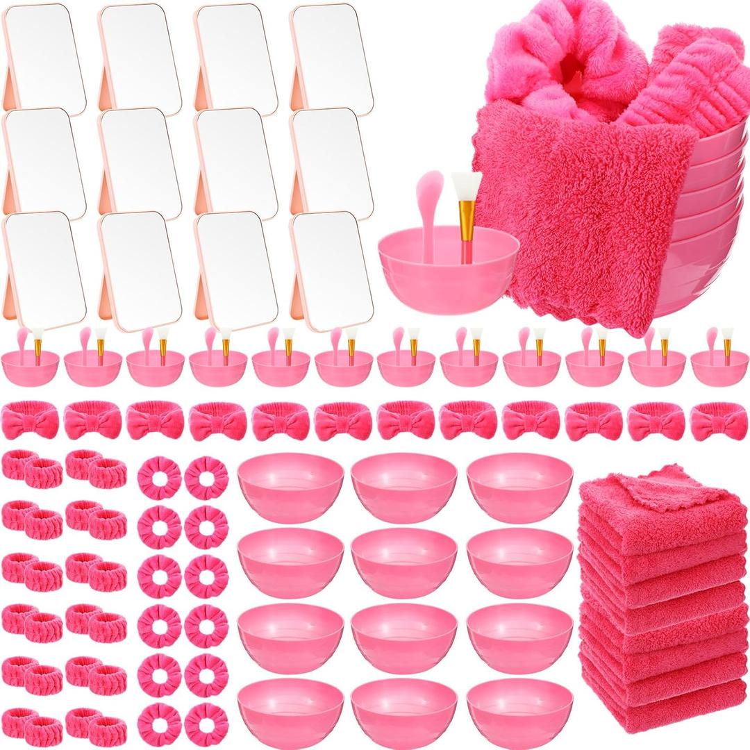 Honeydak 12 Set Spa Party Favors for Girls Slumber Party Pink Supplies with Face Mask Mixing Bowl, Silicone Brush, Headband, Mirror Towel, DIY Facial Kit for Wedding Bridal Shower(Rose Red)