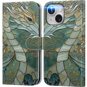 DEENAKIN for iPhone 14 Wallet Case with Card Holder + Cash Clip, RFID-Blocking, Military-Grade Drop Protection & UV-Printed Artwork, Magnetic Closure with Leather Kickstand - an Abstract Dragon