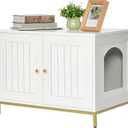 Homhedy Cat Litter Box Enclosure, Cat Washroom Furniture with Metal Frame, Pet House, Fit Most of Litter Box, Modern Style, White and Gold