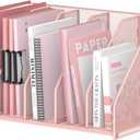 SUPEASY Binder Organizer, Magazine File Holder with 5 Vertical Compartments Rack, Metal Desk File Organizer & Binder Holders, Magazine Organizers for Office Desktop, Home, School, Classroom (Pink)