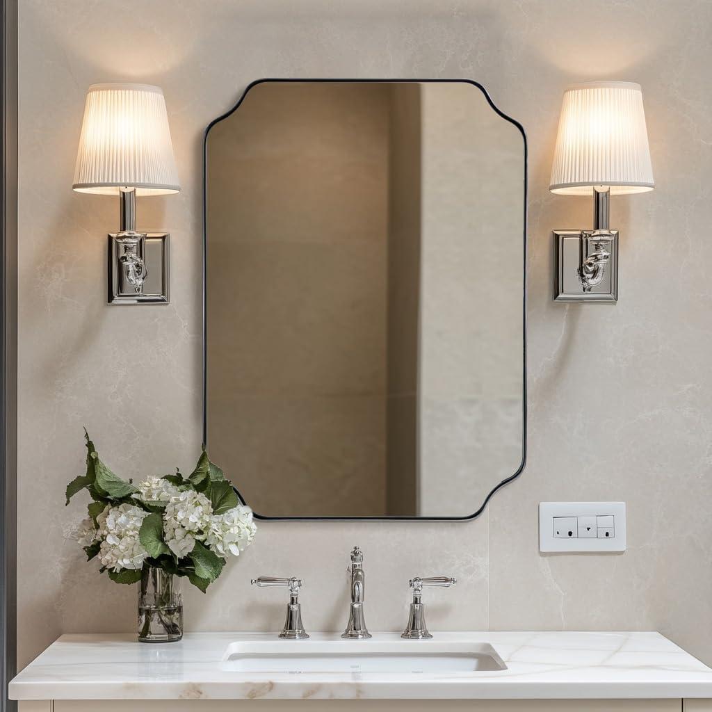 ANDY STAR Chrome Bathroom Mirror, 22x30 Inch Polished Chrome Rectangle Mirror, Scalloped Bathroom Mirror with Stainless Steel Metal Frame, Ideal for Bathroom, Living Room