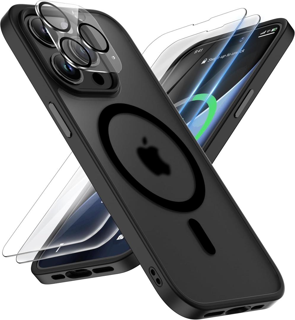 ORETECH for Magnetic iPhone 14 Pro Case, MagSafe Compatible, 15FT Drop Protection, Shockproof, Anti-Scratch, Frosted Translucent Back Phone Case with Screen & Camera Lens Protectors, Black