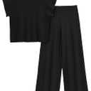 Imily Bela Women's 2 Piece Outfits Sweater Knit Sets Mock Neck Short Sleeve Tops Wide Leg Pants Casual Tracksuit (Large, Black)