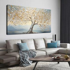 Large Tree Decor Art Bedroom Gold Canvas Wall Decor Light Blue Picture Wall Art for Living Room Office 29" x 59" White Artwork Poster
