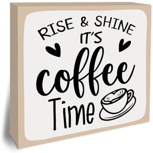 Rise & Shine It’s Coffee Time Wooden Block Plaque - Brown & Gray Tabletop Sign Decor For Friend Family Coworker - 5"x5" Room Cafe Coffee Bar Wood Block - Funny Desk Gifts Favors & Supplies - A08