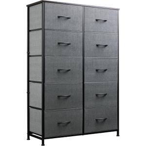 WLIVE Grey Dresser for Bedroom with 10 Fabric Drawers, Tall Organizer Units for Living Room, Clothing, Closet, Storage Tower with Cabinet, Metal Frame, Wooden Top, Furniture