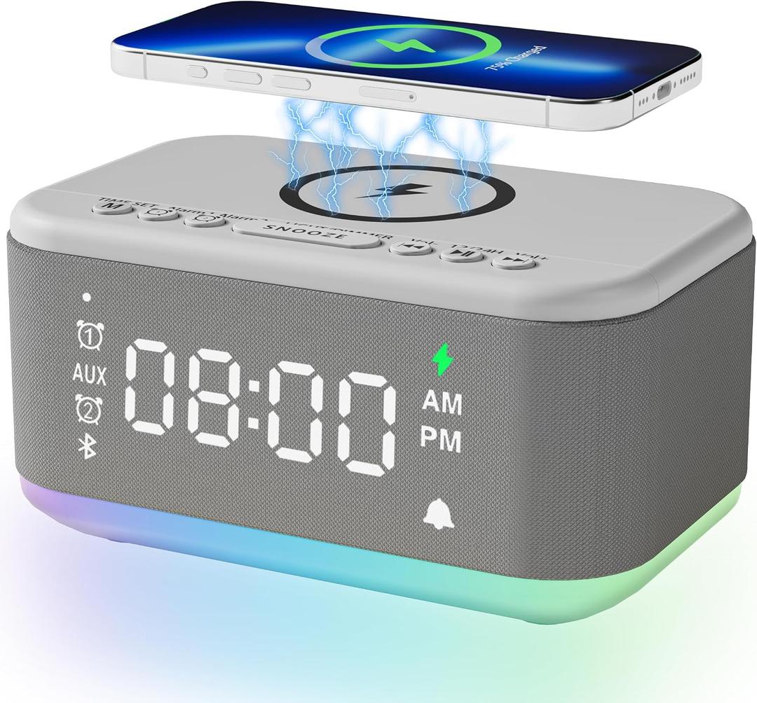 Alarm Clock Speaker Wireless Charger, Digital Alarm Clocks Bedrooms Bluetooth, Alarm Clock Dimmable Light Bedrooms Dual Alarm Snooze Dimmer 12 24H RGB Night Light Bluetooth USB AUX, Gray, 6.69 inches x 3.39 inches