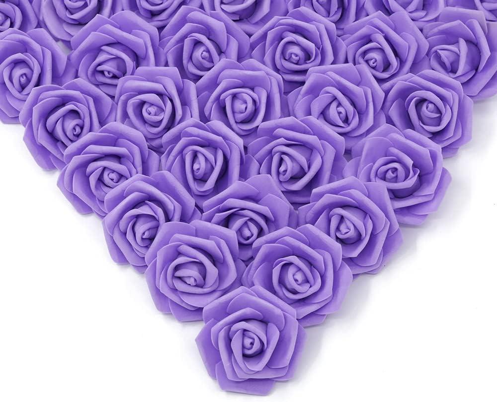 IPOPU Artificial Rose Flower Heads, 100 Pcs Real Looking Purple Foam Fake Roses for DIY Wedding Baby Shower Centerpieces Arrangements Party Tables Home Decorations (Purple 1, Stemless)