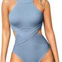 OQQ Women's One Piece Swimsuits Tummy Control High Waisted Cross Bathing Suit Wrap Tie Back 1 Piece Swimwear (Medium, Haze Blue)