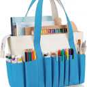 Locmeo Art Organizer Craft Storage Tote Bag with Pockets and Handles Blue Pottery Tool Bag Washable Canvas Craft Tote with Rigid Bottom for for Teacher Officer Artist Traveler