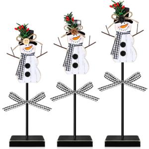 Geetery 3 Pcs Snowman Decor Winter Table Decorations Snowman Wooden Centerpieces for Tables Indoor Rustic Wooden Block Sign Tabletop Decoration for Home Kitchen Office(Cute)