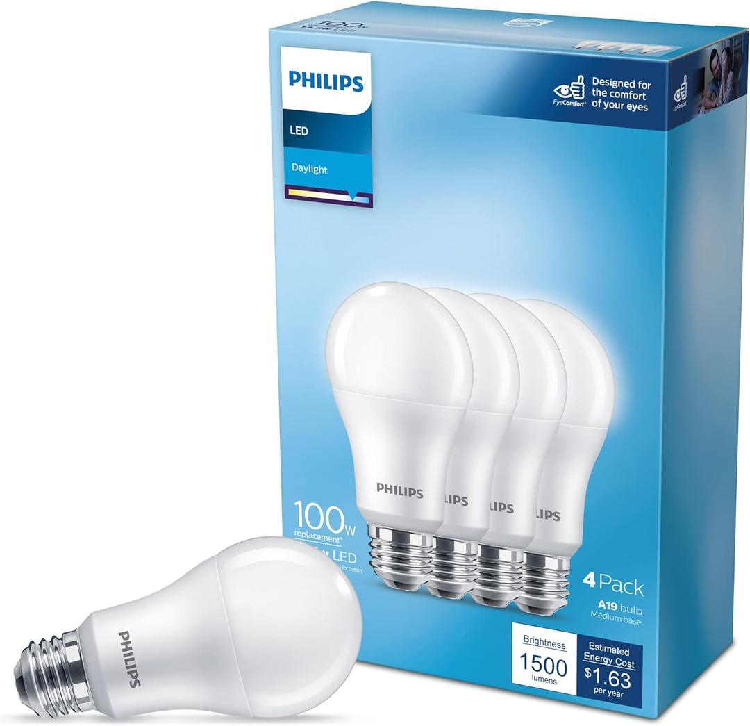Philips LED Basic Frosted Non-Dimmable A19 Light Bulb - EyeComfort Technology - 1500 Lumen - Daylight (5000K) - 13.5W=100W - E26 Base - Indoor - 4-Pack