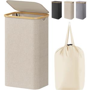 Lifewit 100L Laundry Basket with Lid, Clothes Hampers for Laundry with Bamboo Handles and A Removable Bag, Large Foldable Laundry Hamper for Bedroom, Bathroom, Dorm, Laundry Room, Beige