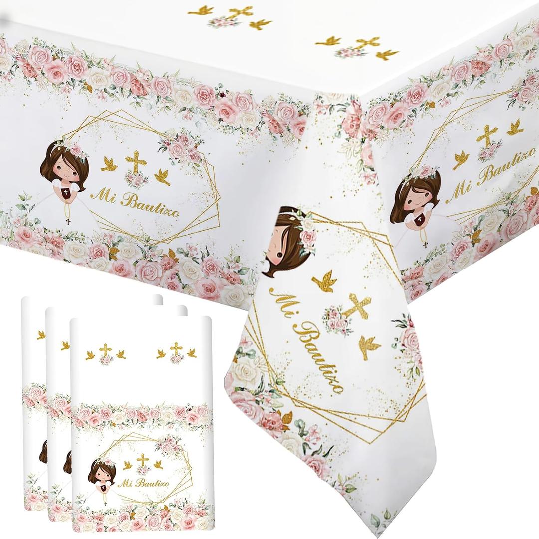 MEHOFOND 3 Pack Mi Bautizo Tablecloths, 108 x 54 Inch Pink Flowers First Holy Communion Tablecloths,Girl Mi Primera Comunin Party Decorations, God Bless Party Table Cover Decor