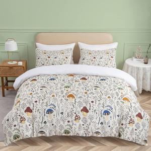 SOULZZZ Colorful Mushroom Duvet Cover for Kids: Soft Mushroom Twin Bedding Set with Wild Plants and Flower- 3 Piece Aesthetic Cream White Twin Bed Set for Girls Boys Women Gifts (NO Comforter)