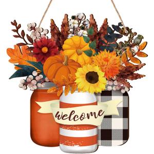Spiareal Fall Thanksgiving Door Decoration Wooden Welcome Sign Sunflower Fall Hanging Decor Autumn Pumpkin Sign for Front Door Rustic Wreath Porch Wall Art Outdoor Farmhouse Home Porch Greeting Party