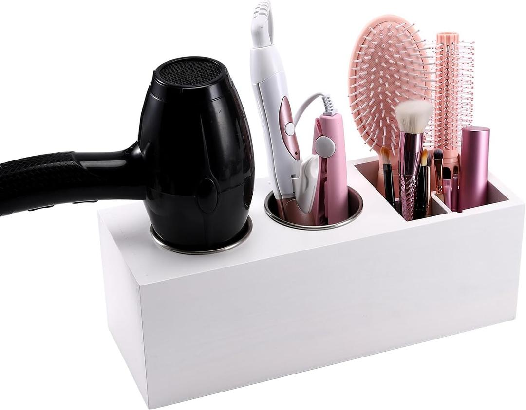 RAIKEDR Hair Dryer Countertop Holder, Hair Tool Organizer Wall Mount, Blow Dryer Holder Organizer, Bathroom Countertop Blow Dryer Holder and Curling Iron Holder (Cedar Wood, White)