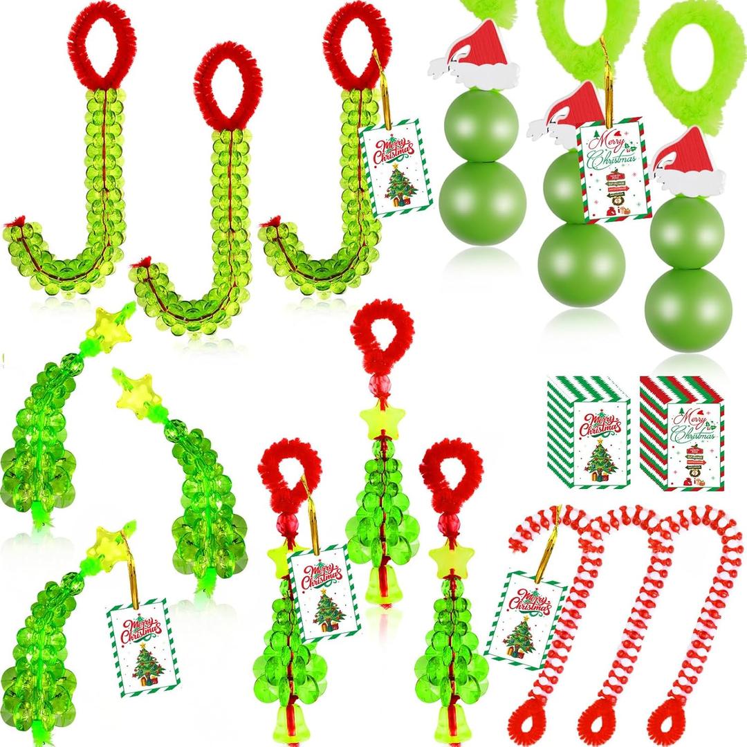 Cinnvoice 64 Sets Christmas Crafts for Adults Christmas Beaded Ornament Kit to Make Includes 24 Green Monsters 16 Xmas Tree Decorations 24 Candy Canes with Gift Cards for DIY Holiday Party Supplies