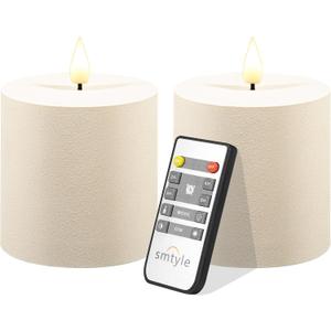 smtyle 3 x 3 Inch Flickering Flameless Textured LED Battery Operated Pillar Candles Ivory with Remote & Timer, Set of 2 – Neutral Rustic Farmhouse Decor Candles Sandstone Texture Beige