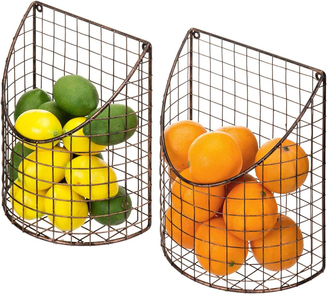 MyGift Antique Copper Metal Wire Wall Mounted Home and Kitchen Pantry Basket Organize, Fruit Basket and Produce Storage Bins, Set of 2