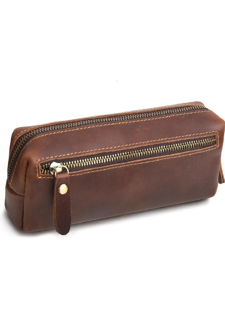 WONDERPOOL Pen Case Real Leather Pencil Pouch Markers Holder Big Capacity Bag with Side Zippered Pocket for Stationery Tool
