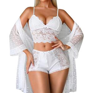 RSLOVE Women Sexy Lingerie Set - 2 Piece Lace Bra and Panty Sets with Mesh Kimono Robe Nightgown Sleepwear White Small