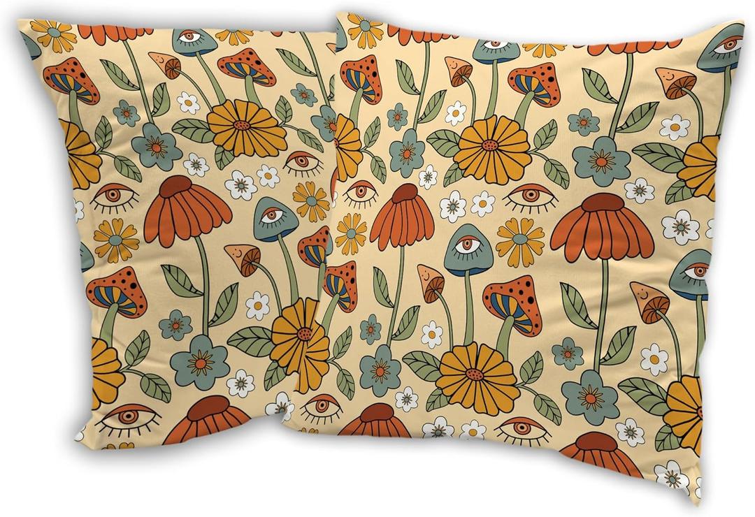 Mushrooms Throw Pillow Covers 18x18 in Set of 2,Boho Retro Groovy Floral Pillow Cases Decorative Double-Sided Square Pillowcases for Home Bed Sofa Living Room Farmhouse Outdoor