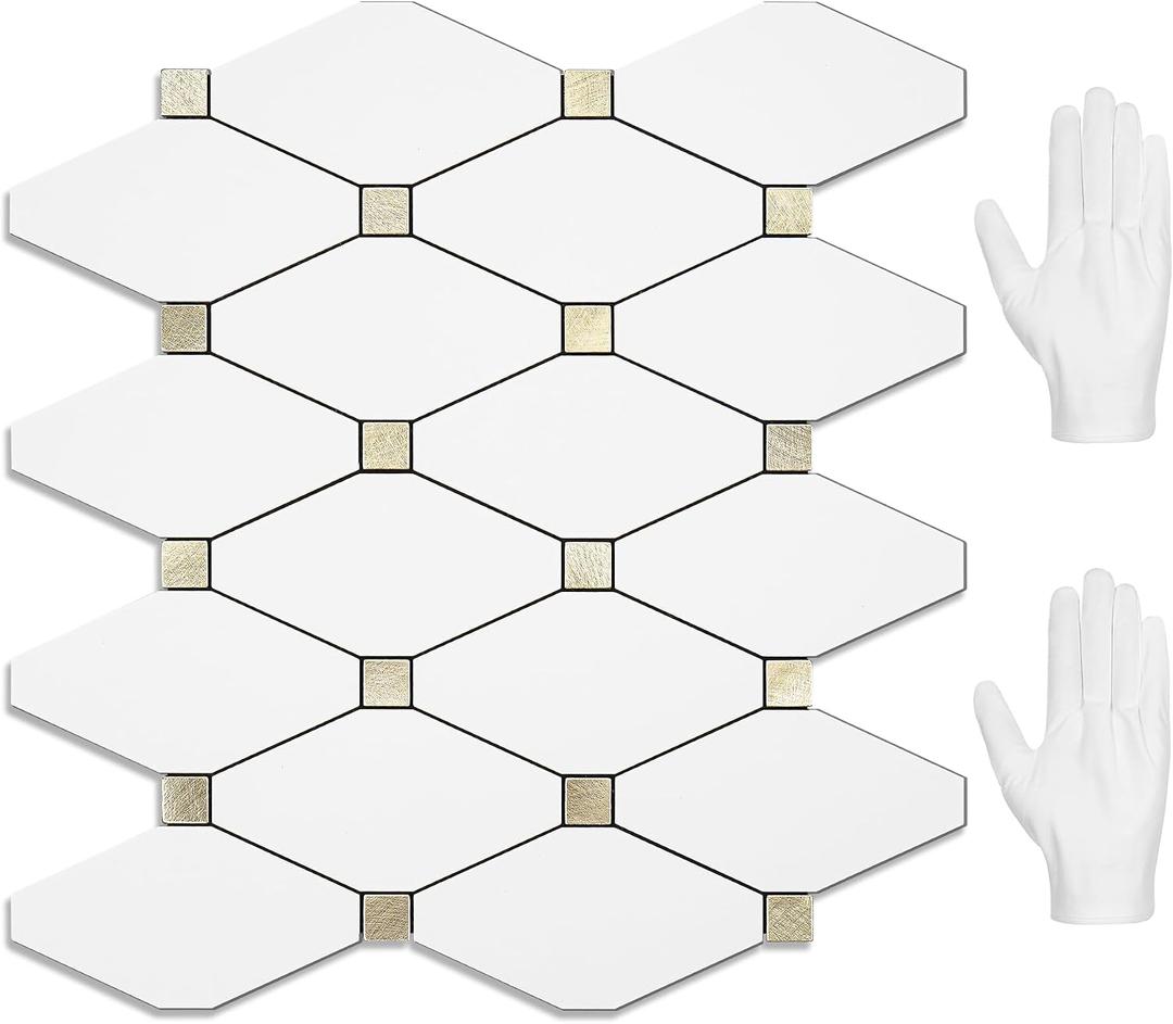 STICKGOO 10 Sheets Peel and Stick Backsplash, Pure White Marble Look PVC Mixed Metal Gold Kitchen Backsplash, Stick on Backsplash Wall Tiles for Kitchen, Bathroom, RV