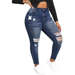 ALLABREVE Womens Plus Size Skinny Jeans Stretchy High Waisted Ankle Jean Ripped Slim Fit Washed Denim Distressed Tight Jean (X-Large, Dark Blue 052)