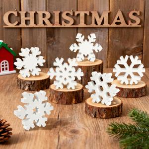 6Pcs Christmas Wooden Snowflake Decor Winter Snowflakes Table Signs Centerpieces Decorations Standing for Xmas Holiday Party Home Tabletop (White)